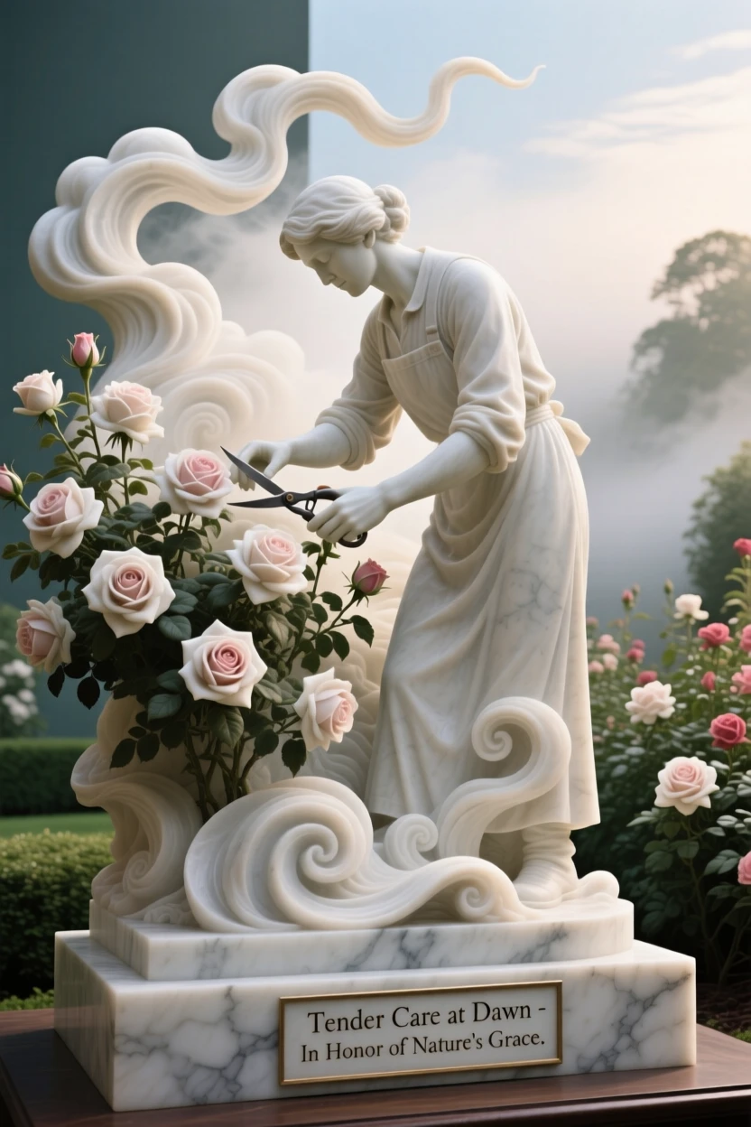 A vivid, emotionally rich scene of a gardener tending roses in early morning light, amid swirling clouds and mist, designed to captivate and inspire