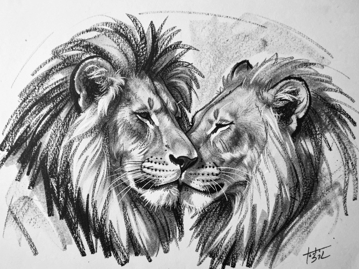 A majestic lion nuzzling affectionately with its mate.