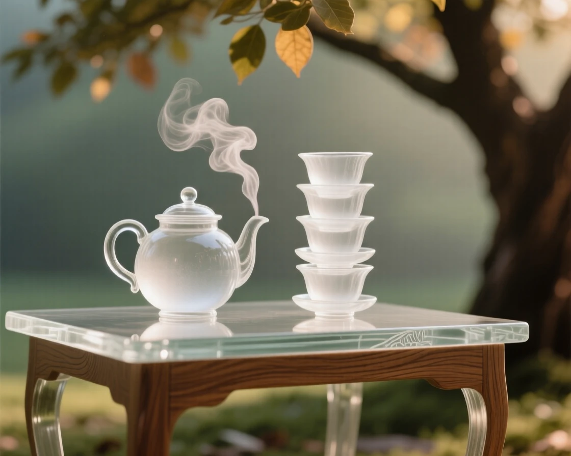 On a table set outdoors beneath a shady tree, a pot of tea steaming beside a stack of delicate cups, while a warm breeze drifts through a nearby open window