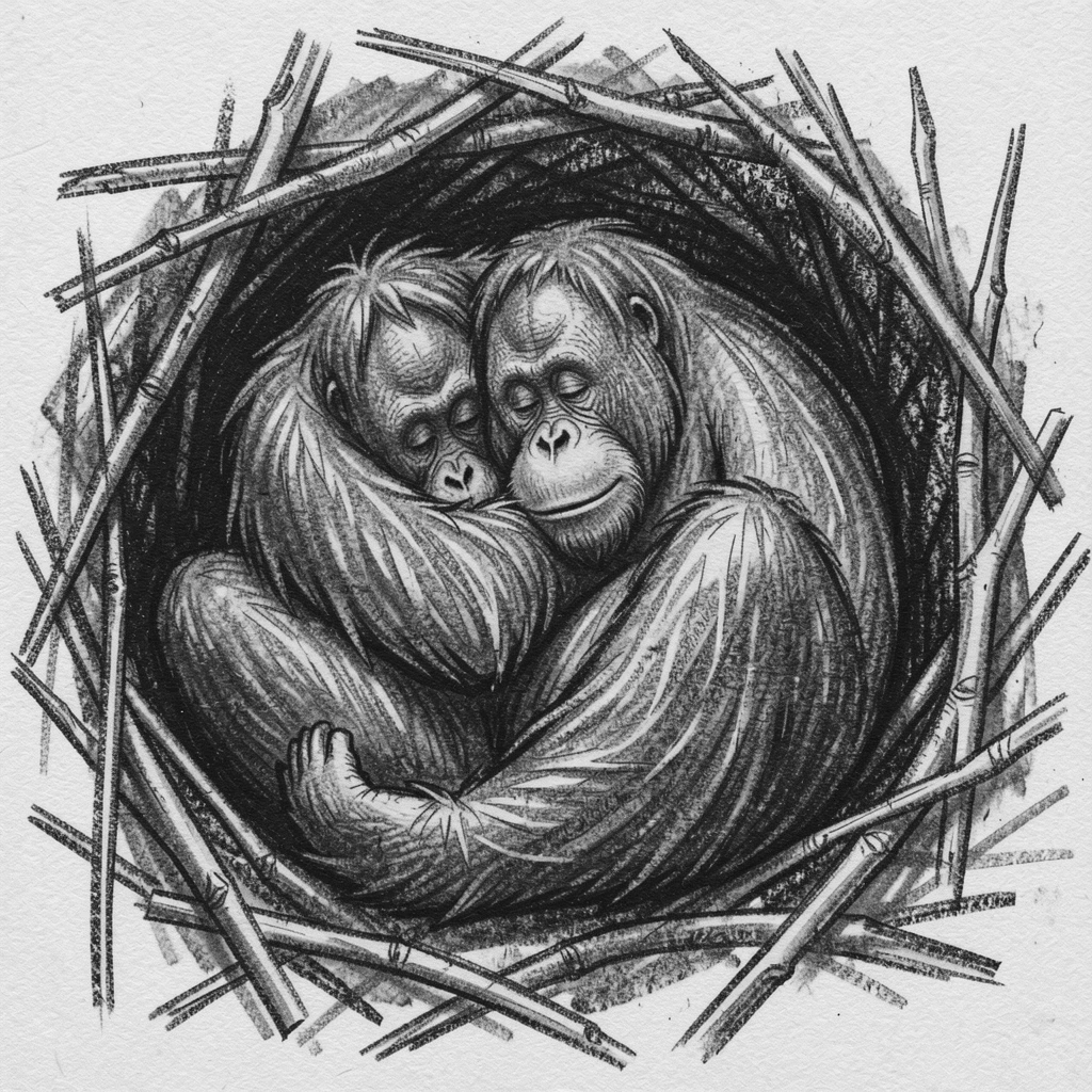 An orangutan curled up asleep in a cozy den.