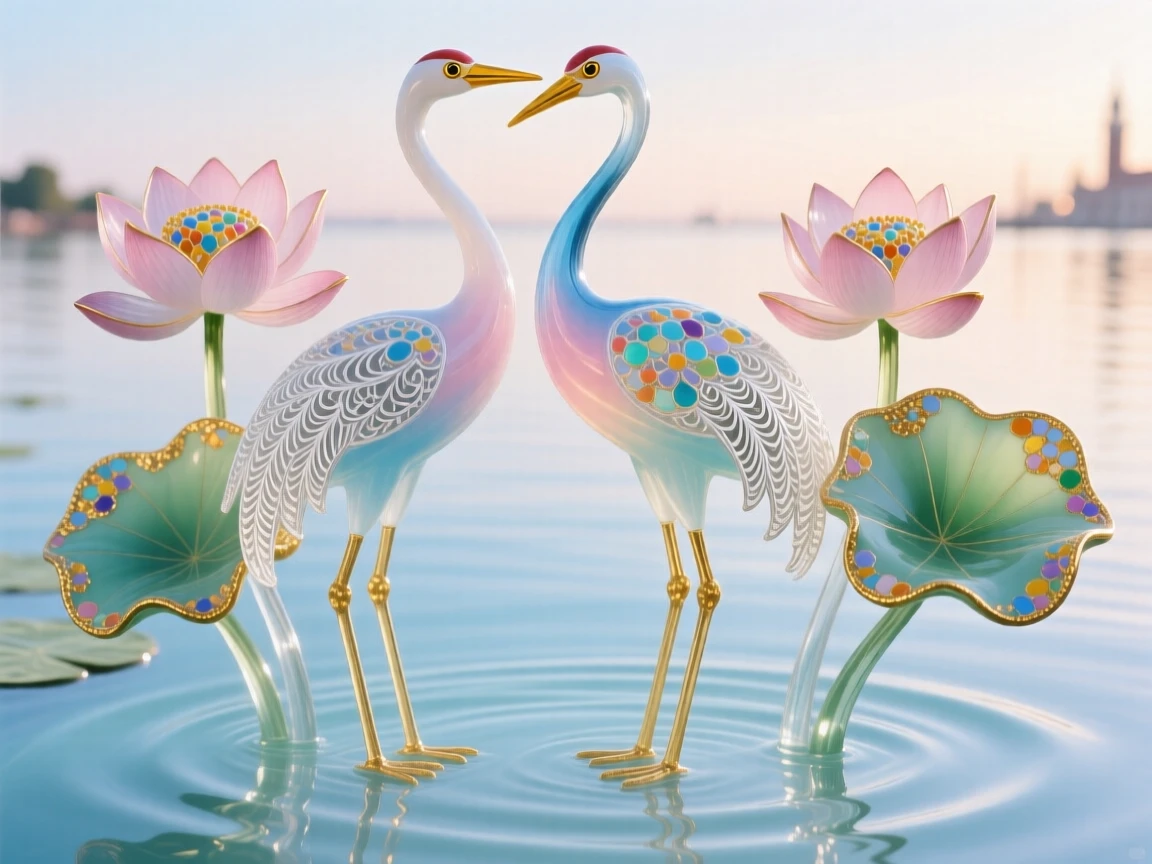 A pair of cranes standing together beside a blossoming lotus pond at the crack of dawn, elegant and sacred.