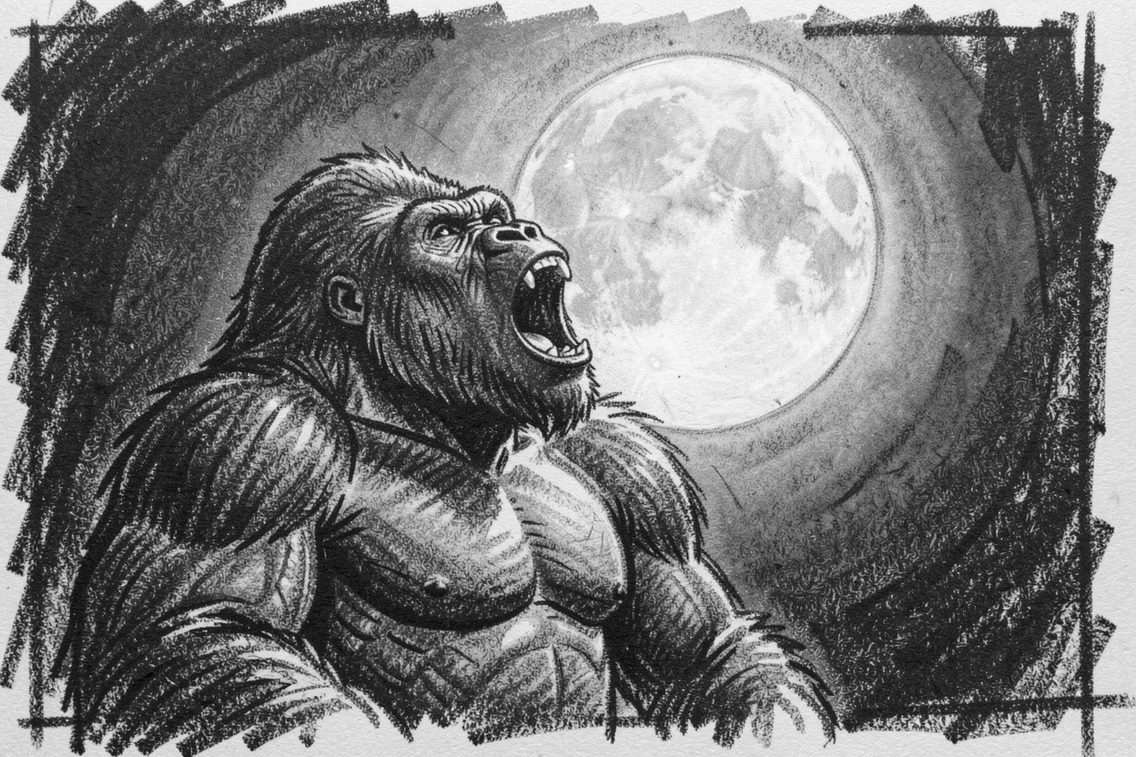 A gorilla howling at a full moon.