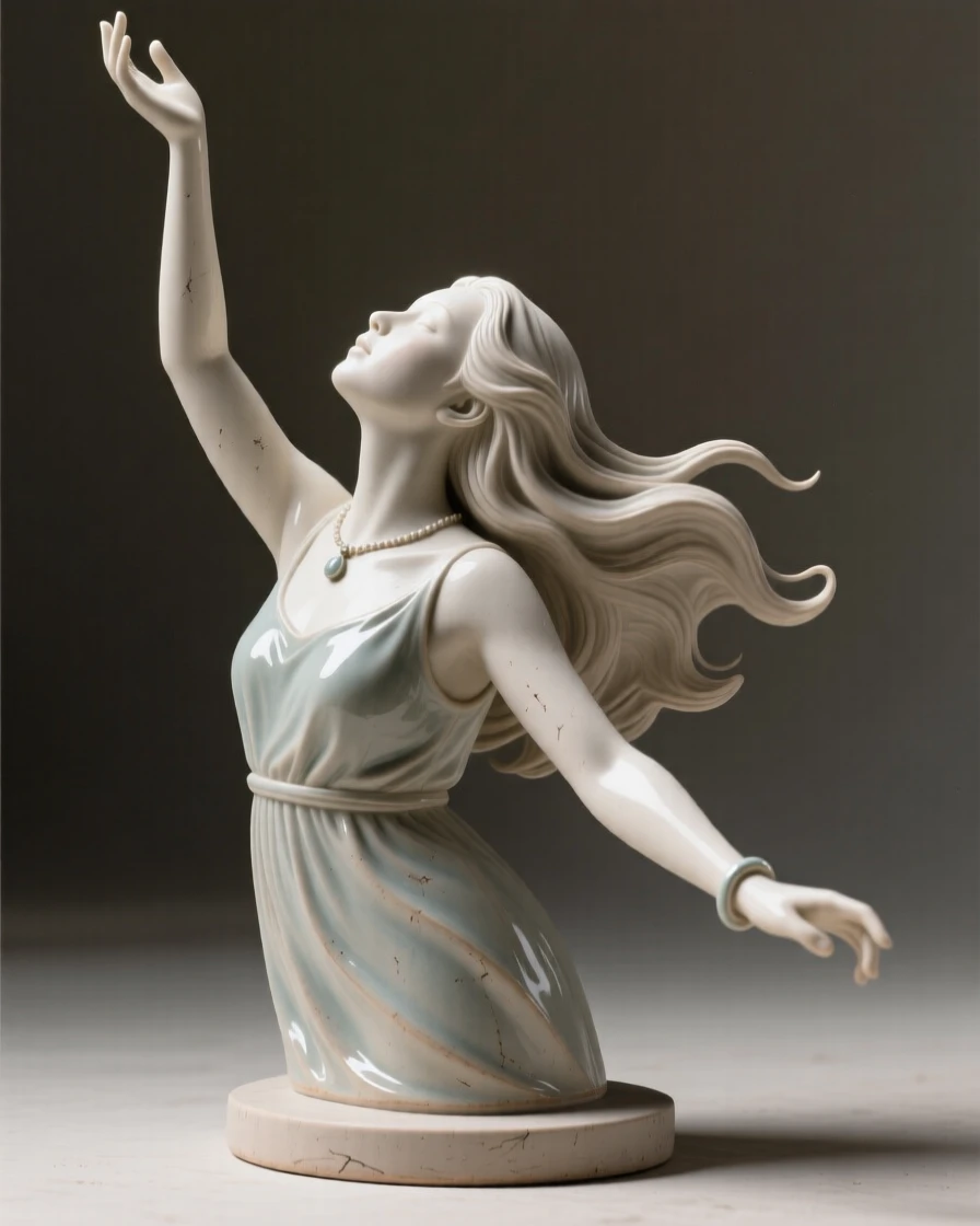 A woman with flowing hair caught in the wind reaching upward as if toward the light, adorned with simple, elegant ornamentation, evoking tenderness and quiet intimacy.