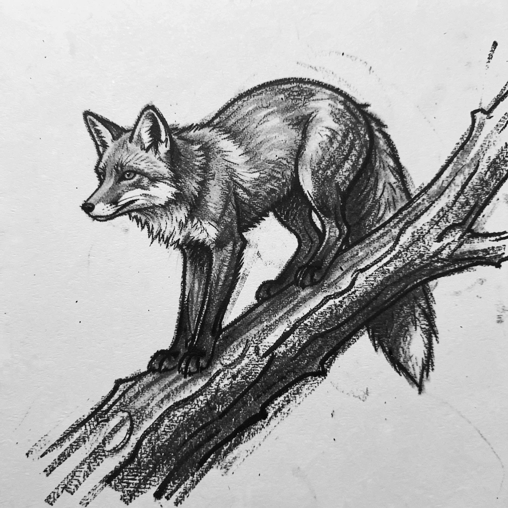 A red fox perched on a weathered tree branch.