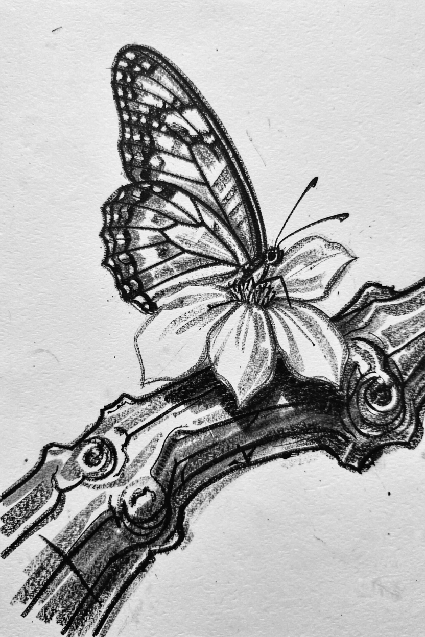 A butterfly resting on a flower perched on a weathered tree branch.