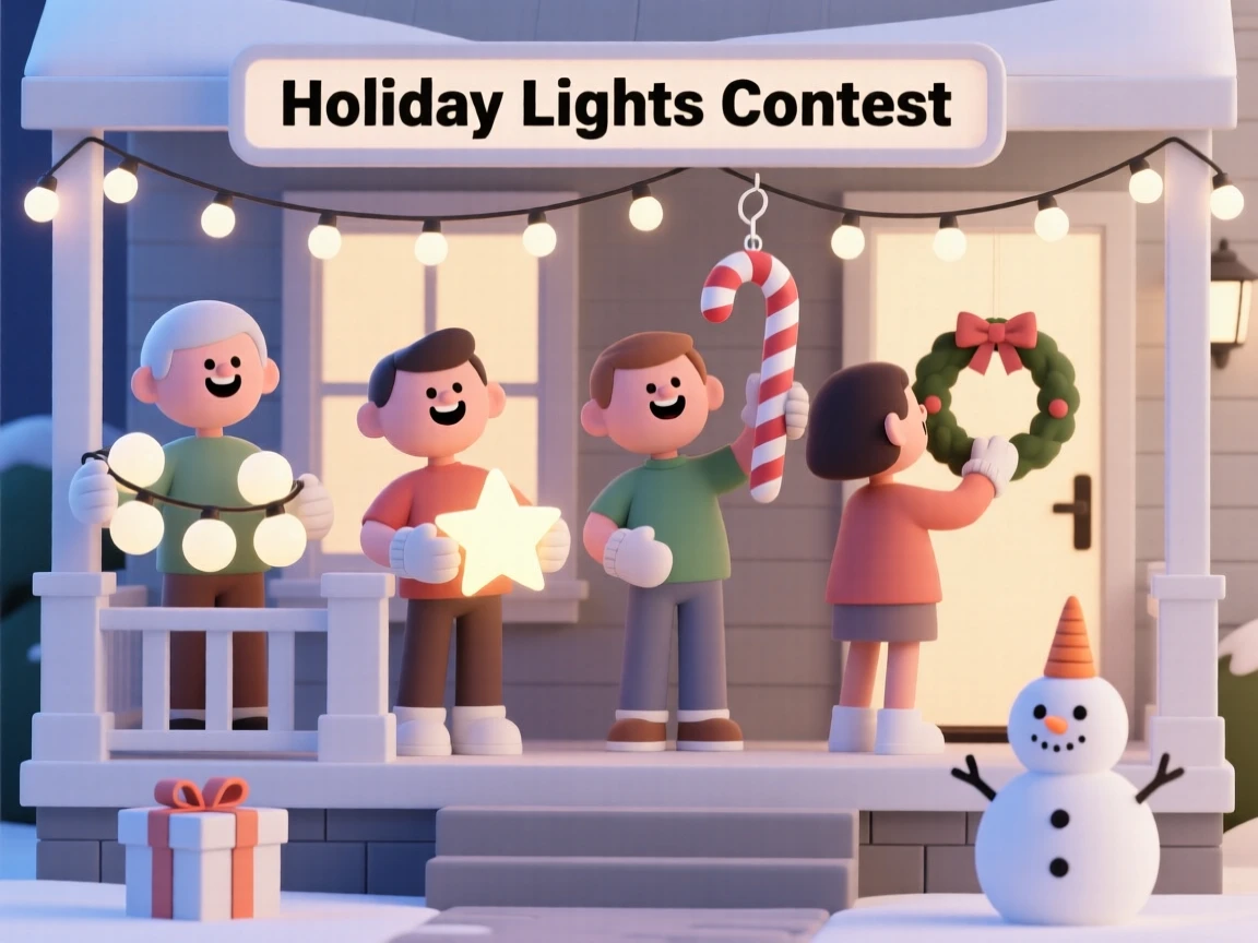 A joyful group of neighbors decorate their porches together for a friendly holiday lights competition.