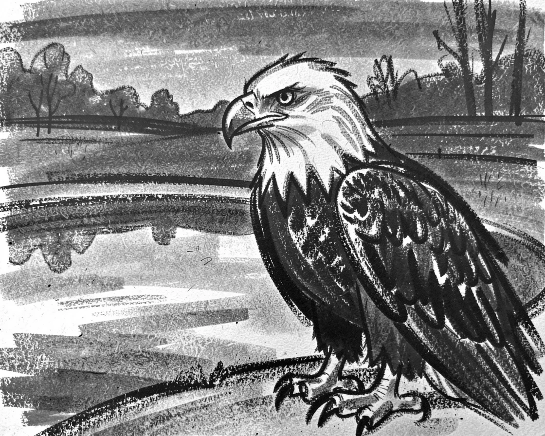 A bald eagle gathered around a watering hole at dusk.