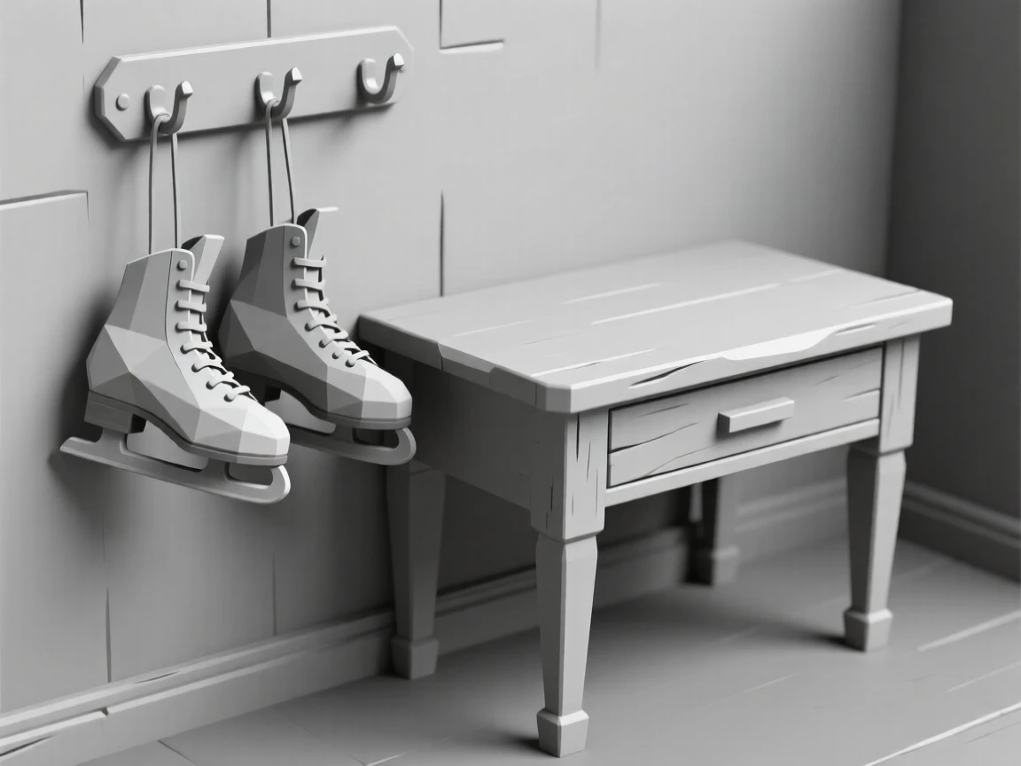 A pair of old ice skates hanging on a hook, on an antique writing desk. muted tones give the scene a timeless quality. The atmosphere feels cozy and personal.
