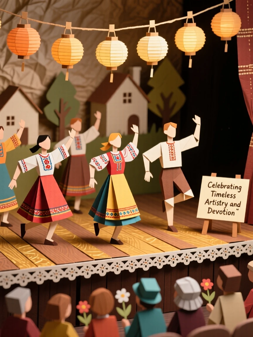 A traditional folk dance troupe performed on a warmly lit stage, with generations gathered together in celebration, evoking timeless artistry and devotion.