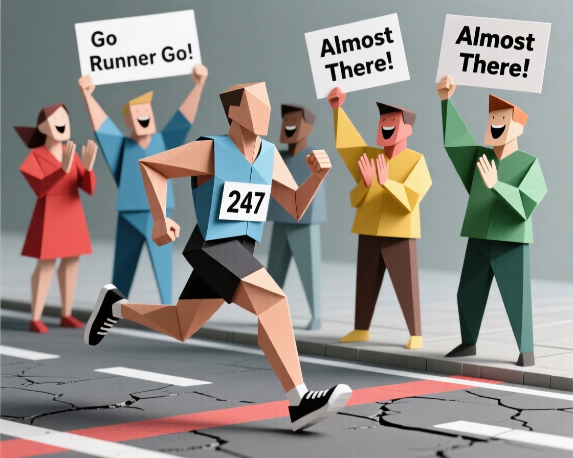 A group of strangers cheering on a marathon runner during the final stretch.
