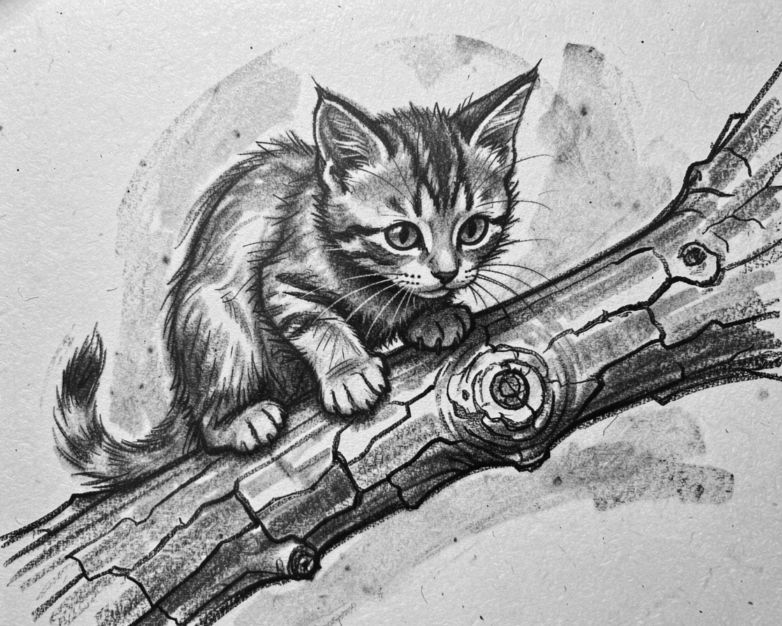 A curious kitten perched on a weathered tree branch.