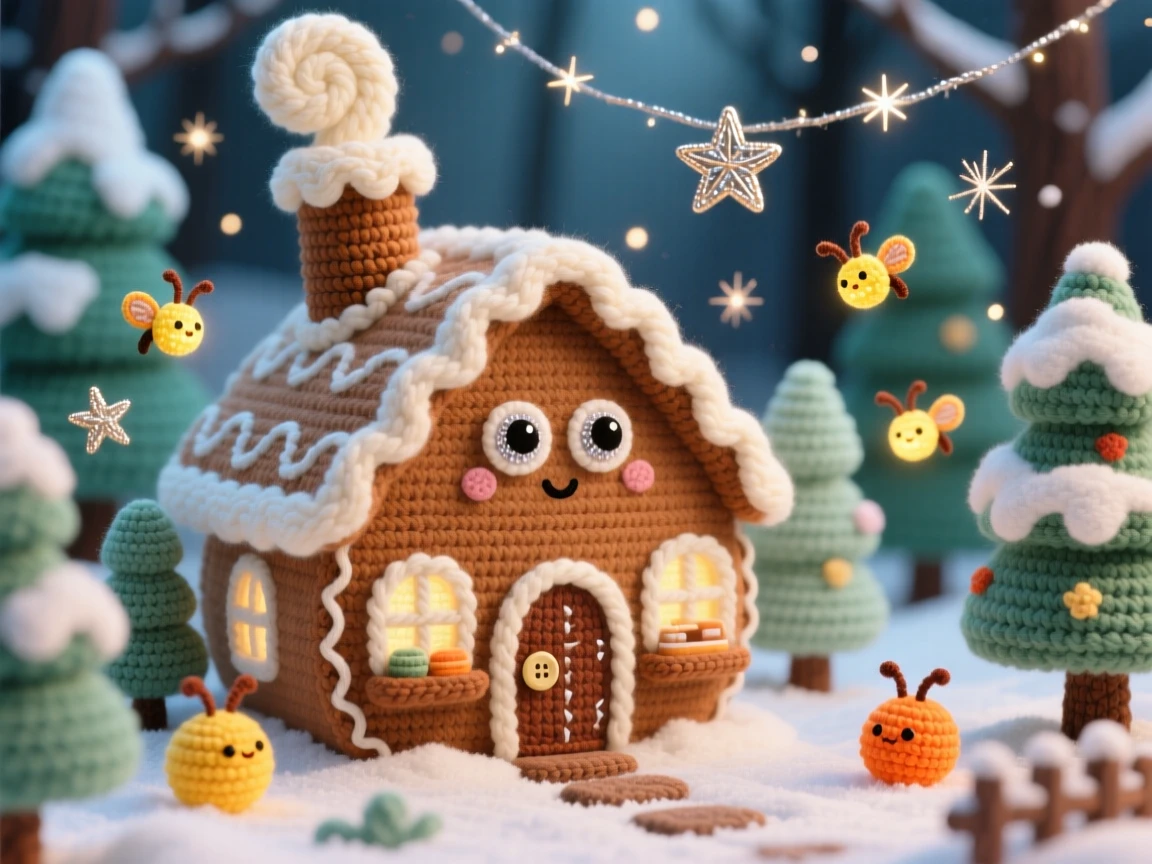 a tiny bakery built inside a giant gingerbread house, with a chimney of frosting, is shown nestled at the edge of a snowy forest, surrounded by softly glowing fireflies, surrounded by a scattering of stardust in the air, radiating cozy, whimsical enchantment.