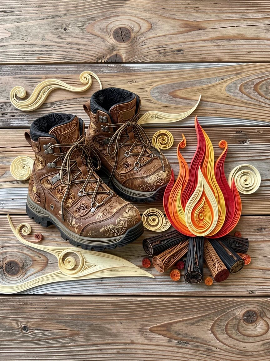 a pair of well-worn hiking boots beside a campfire, on a rustic wooden farmhouse table, arranged in an appetizing overhead flat-lay composition, with soft golden light highlighting every texture.