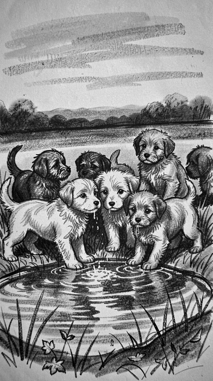 A litter of puppies gathered around a watering hole at dusk.