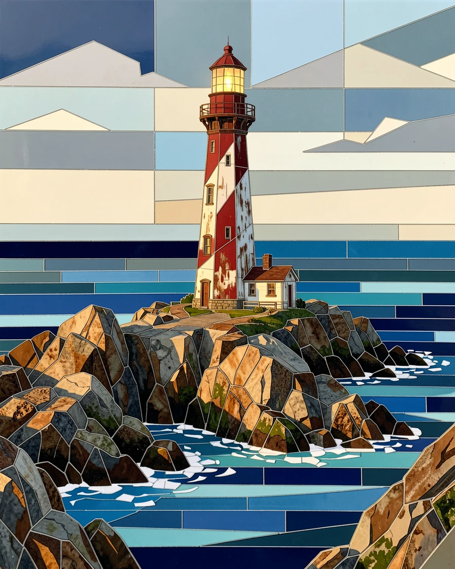 A rustic lighthouse standing on a rugged new england coastline, viewed from a dramatic elevated vantage point.