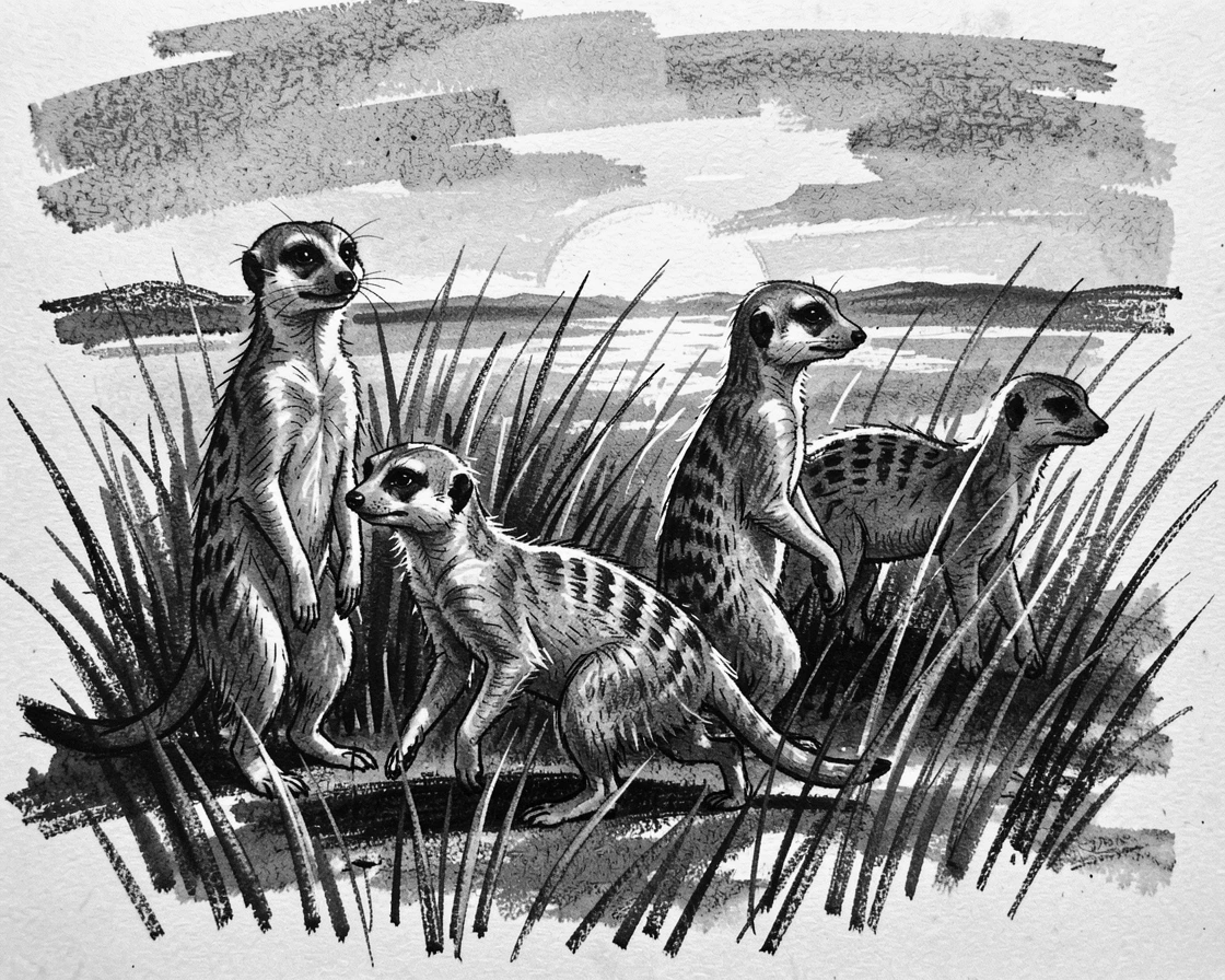 A meerkat family standing alert walking through tall savanna grass at sunrise.