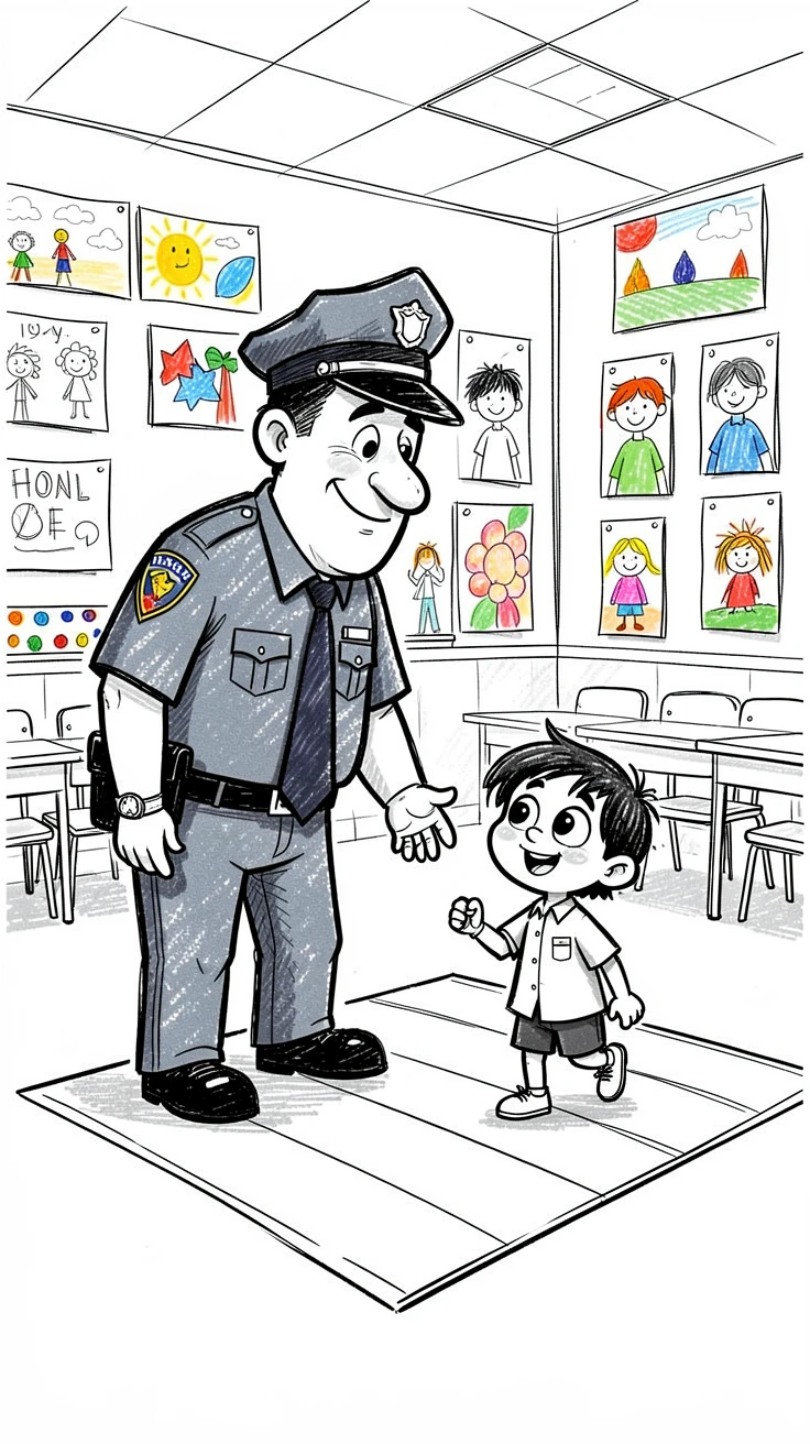 A police officer helping a child cross the street in a classroom decorated with student artwork.