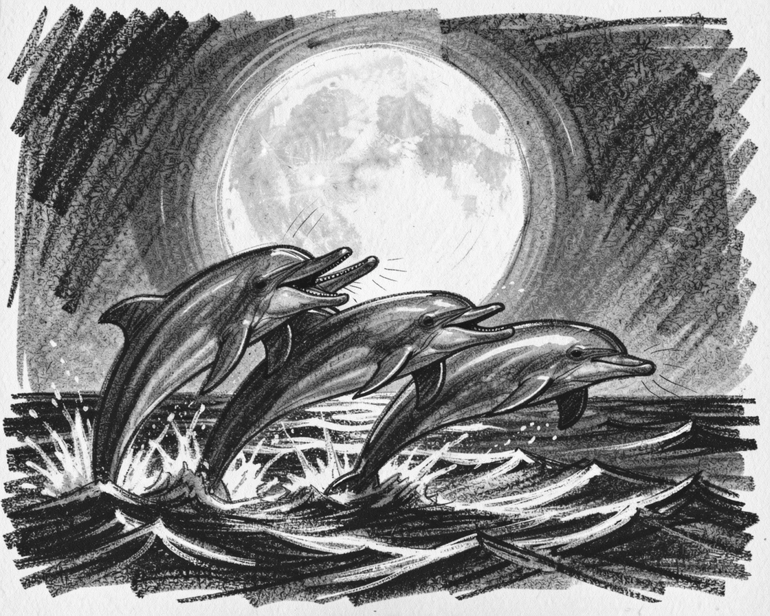 A pod of dolphins howling at a full moon.