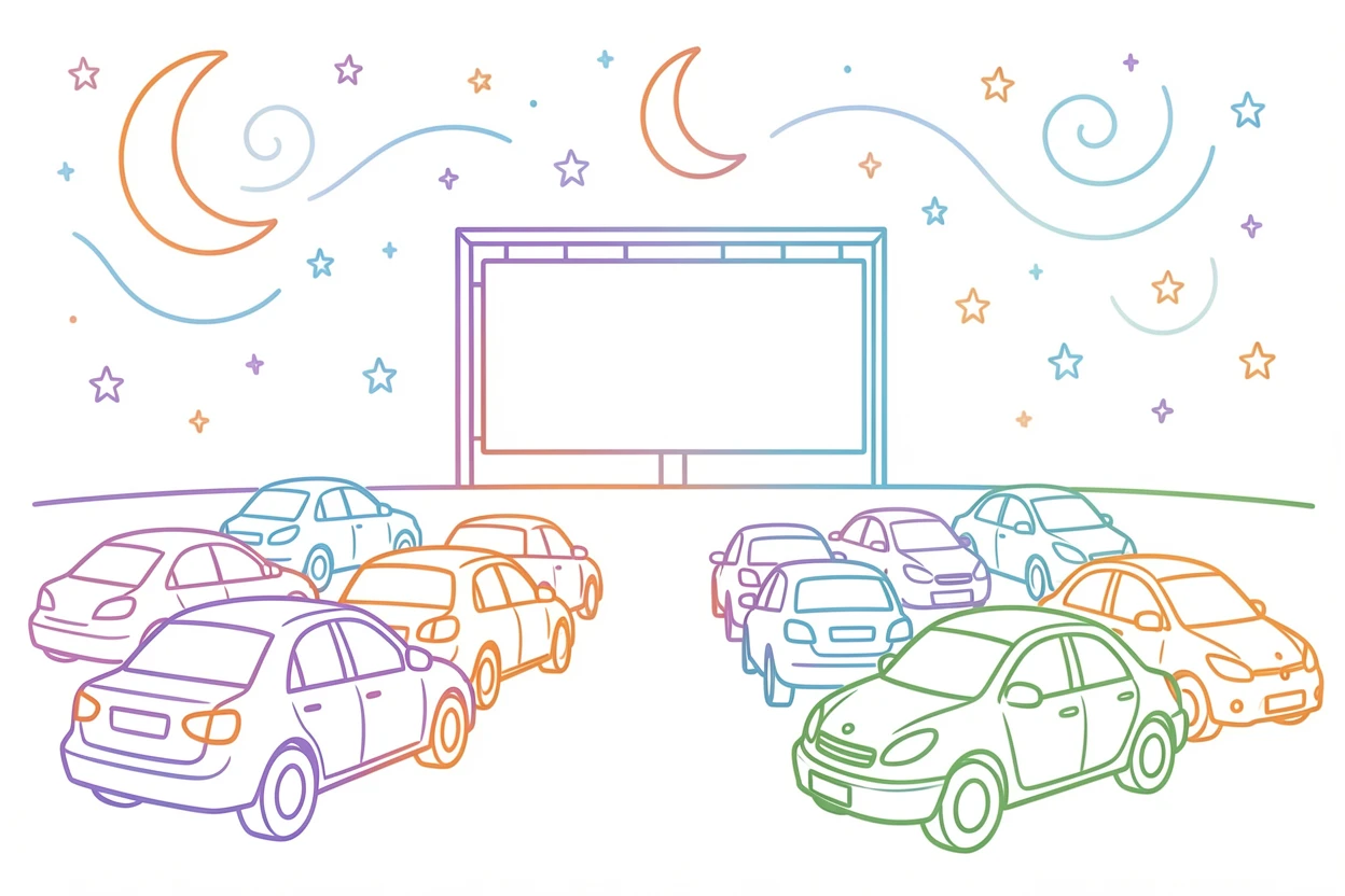 A summer drive-in movie scene with cars parked beneath a starry sky.
