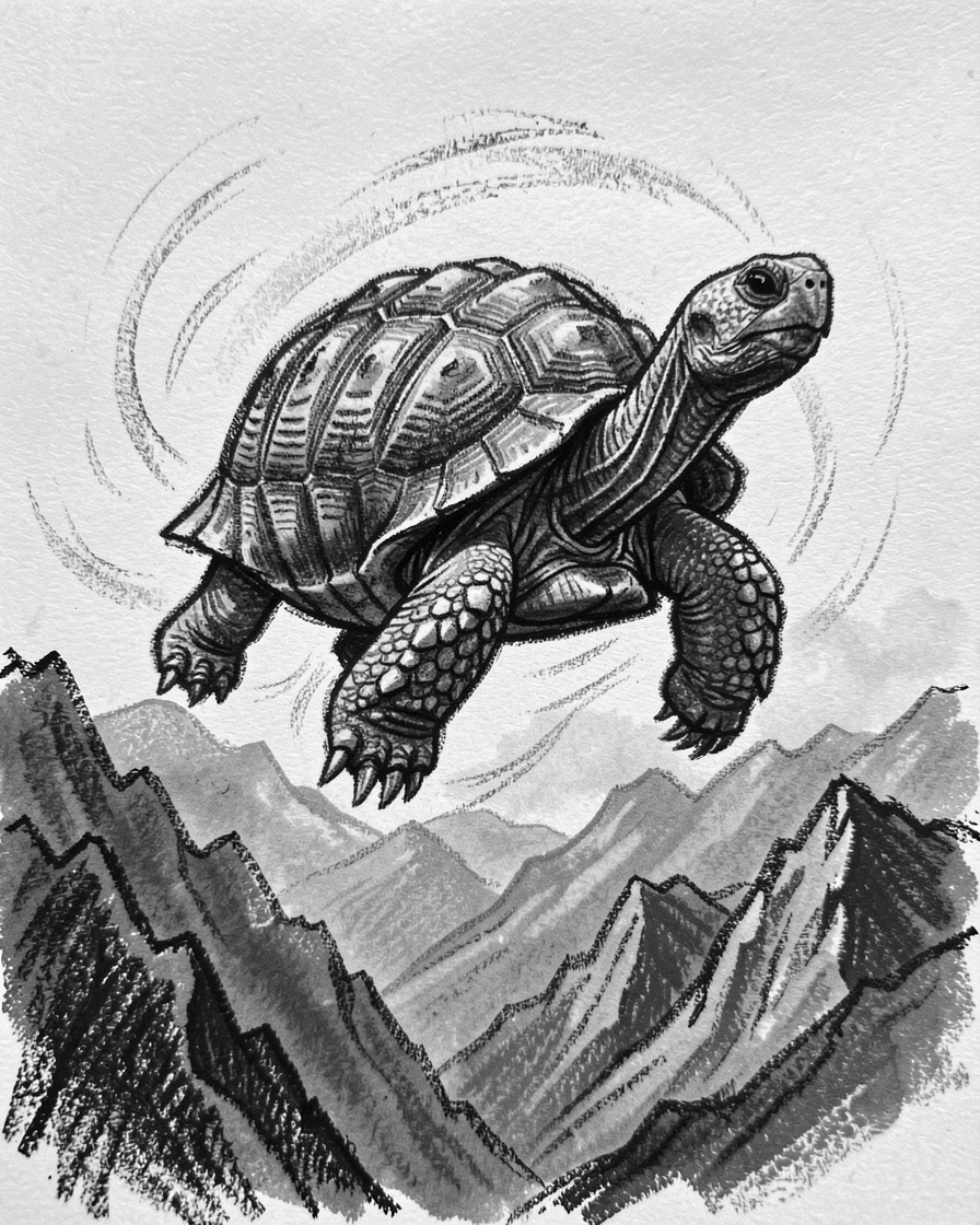 A wise old tortoise soaring high above a mountain valley.