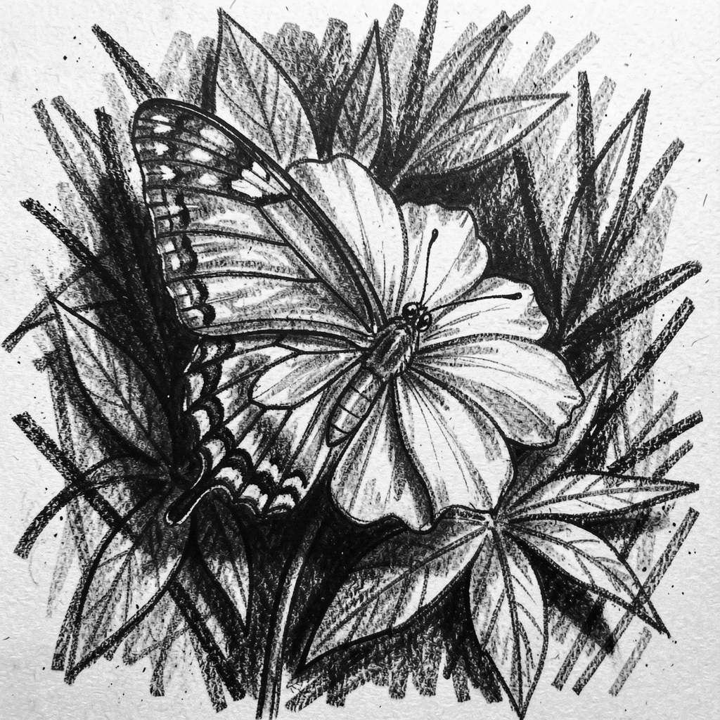 A butterfly resting on a flower peeking out curiously from behind foliage.