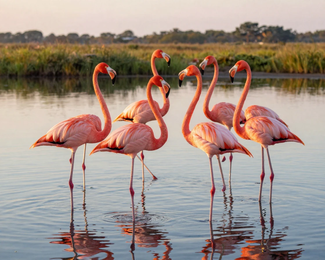 A group of flamingos forming a heart shape in shallow water