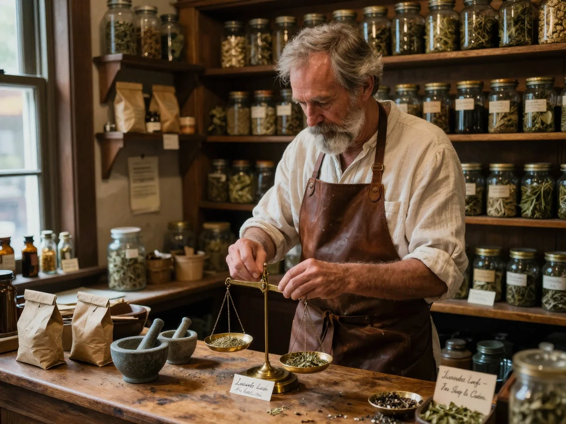 An old-world apothecary measures herbs on a brass scale in a dimly lit shop.