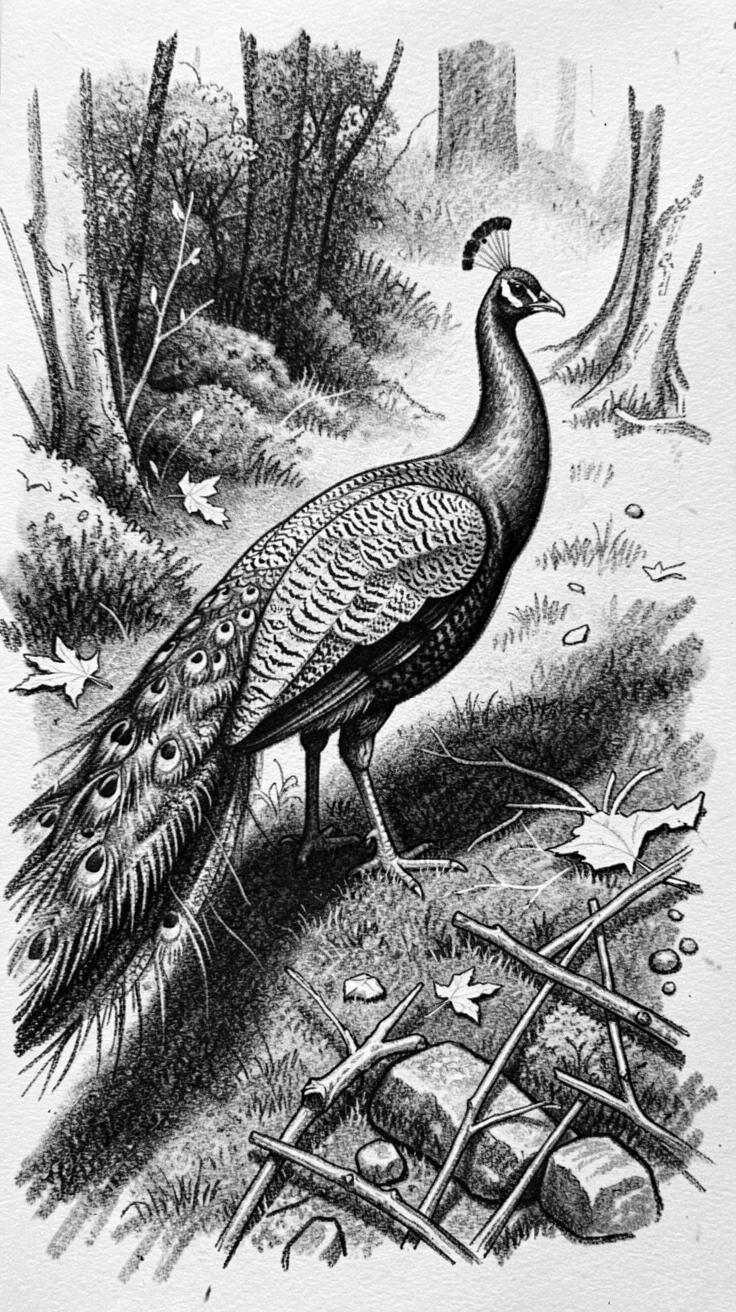 A peacock exploring a moss-covered forest floor.