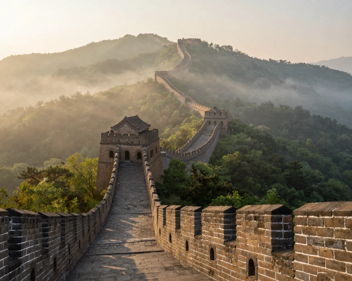 The Great Wall of China winding endlessly across misty green mountains
