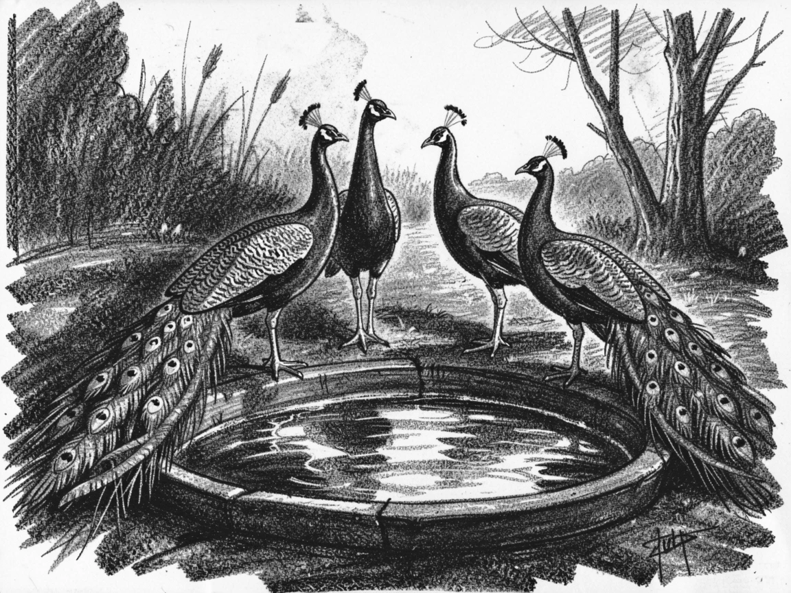 A peacock gathered around a watering hole at dusk.