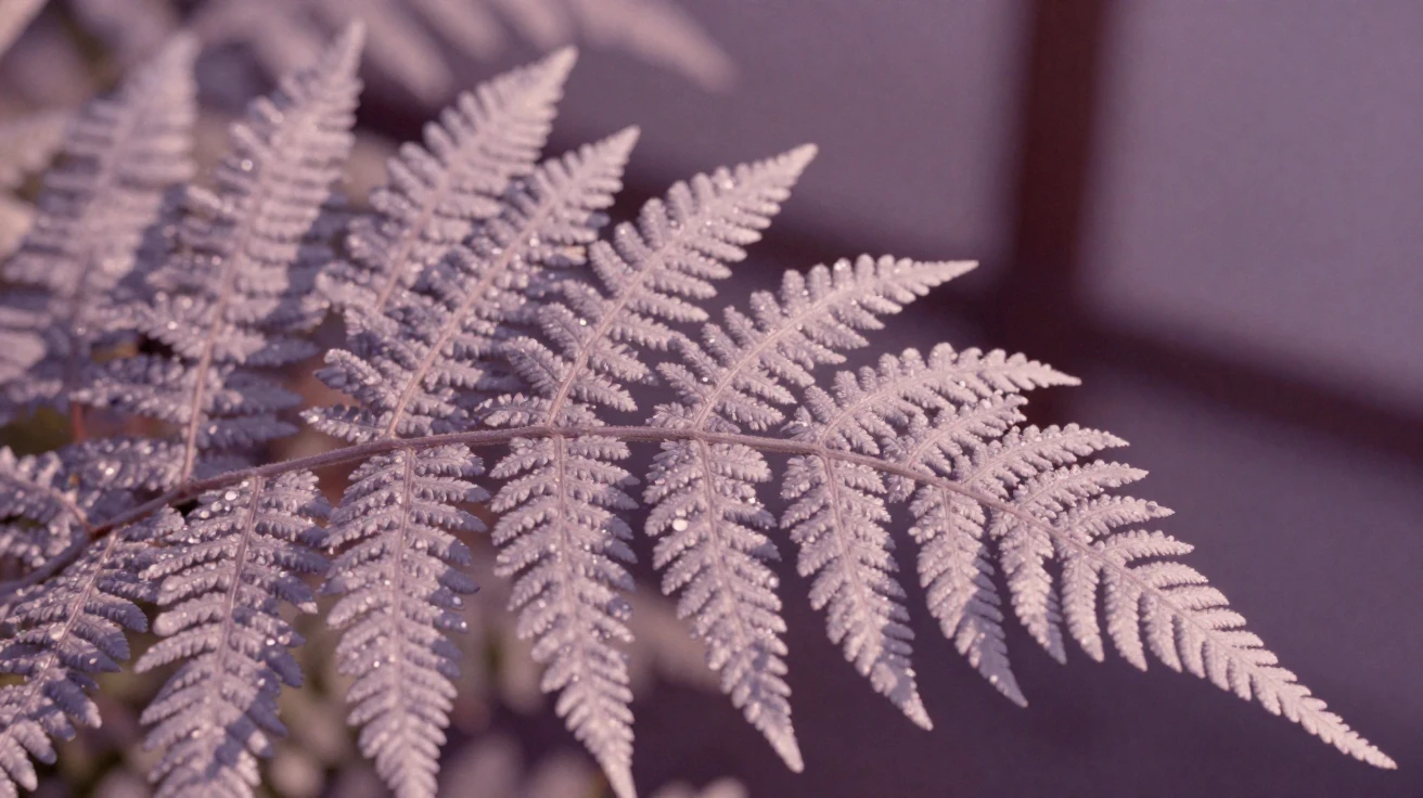 A close-up of morning dew clinging to a fern frond, under harsh midday sun, in still, windless air, during the long days of summer, in dusty lavender and rose tones, viewed from across the room.