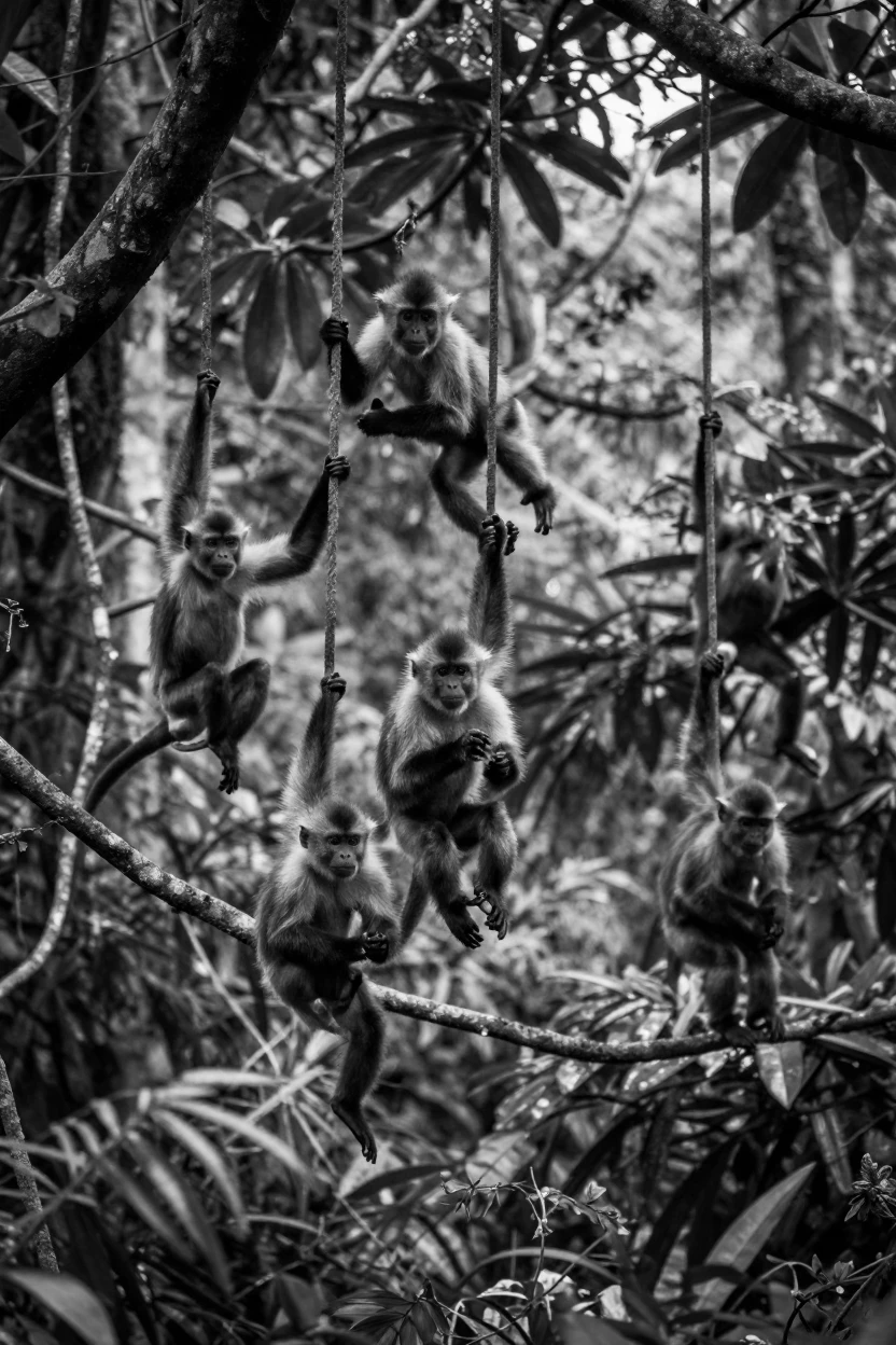 A troop of monkeys swings between jungle vines through a dense tropical canopy.