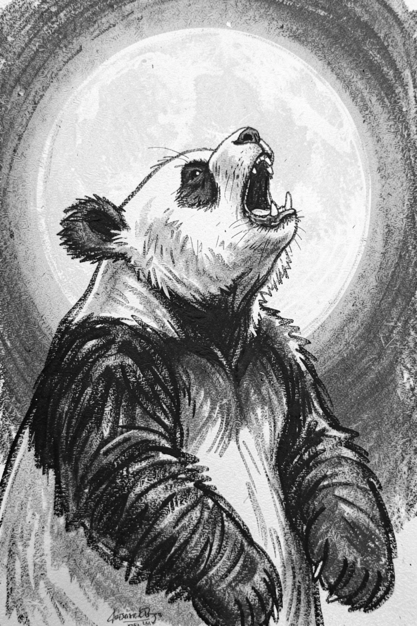 A giant panda howling at a full moon.