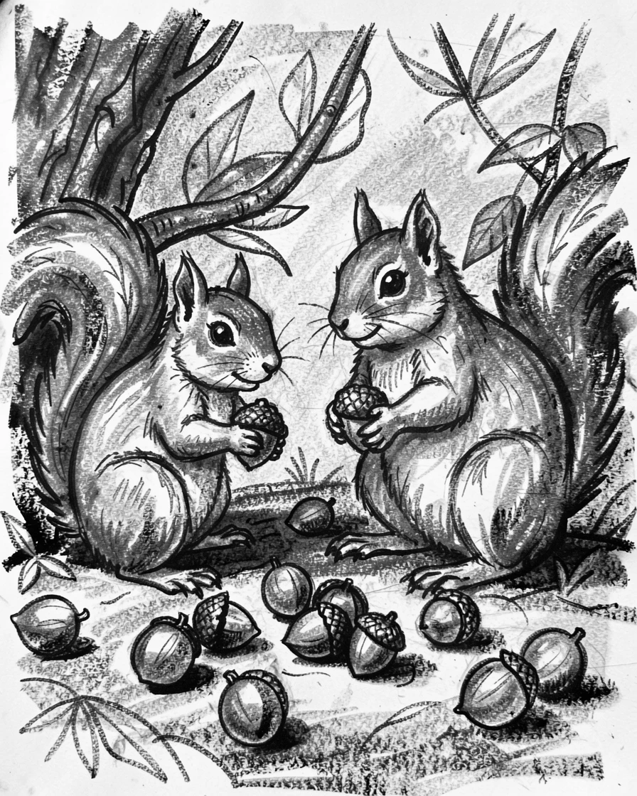 A squirrel gathering acorns gathered together as a family in their natural habitat.