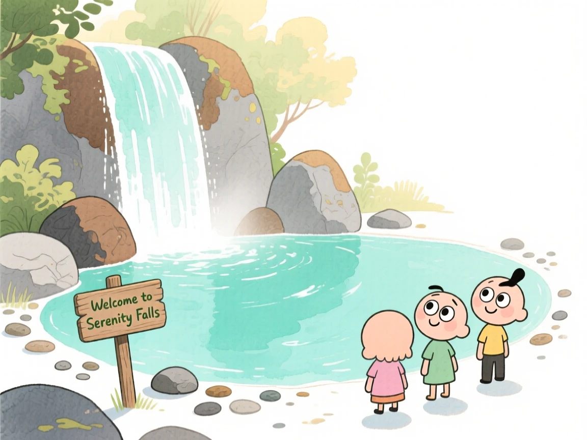 A serene landscape of a tranquil waterfall cascading into a turquoise pool in soft morning light