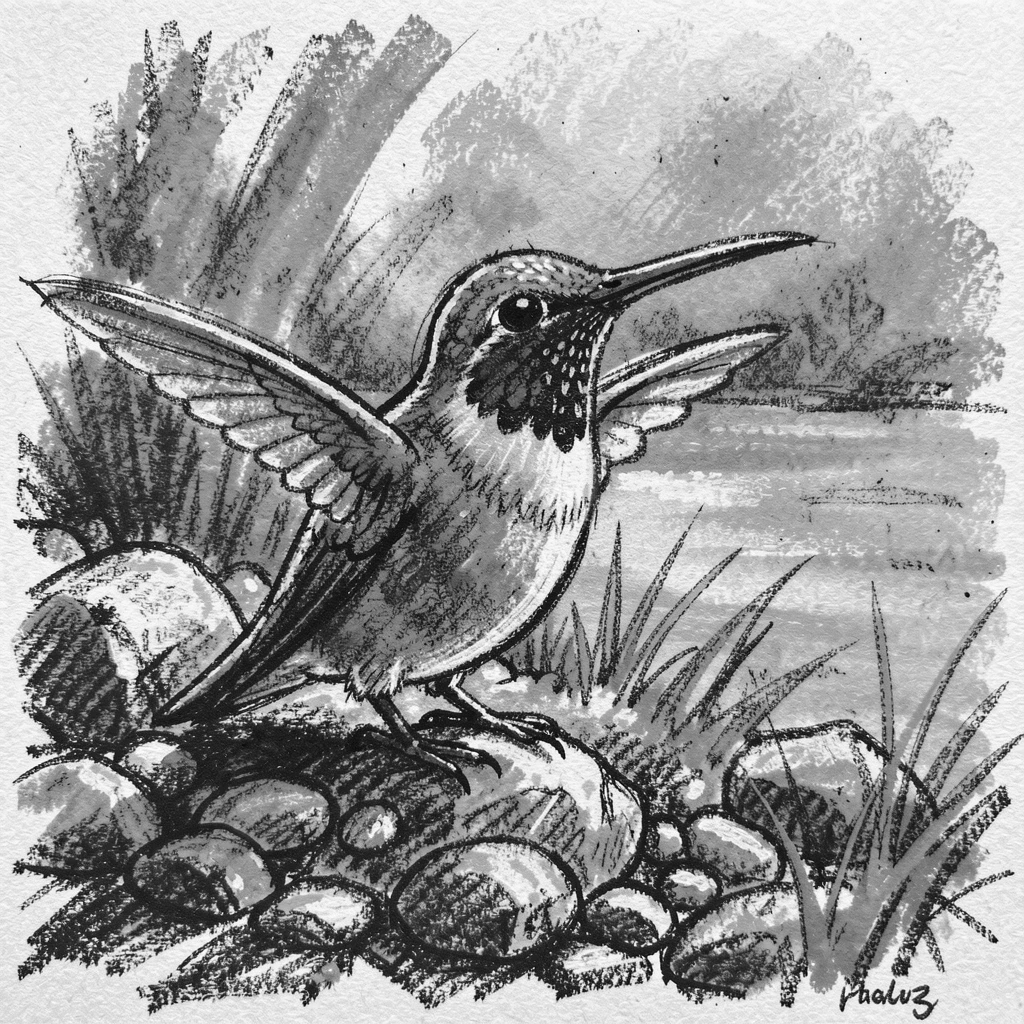 A hummingbird basking in the warm sun on a riverbank.