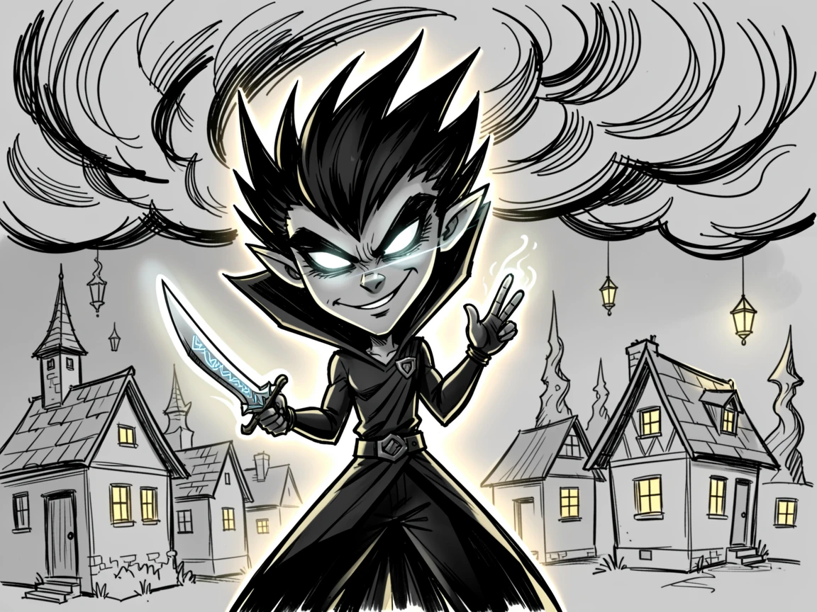 [Fantasy & Imaginative Scenarios] Imaginative fantasy scene of a radiant shadow assassin protecting a village from an approaching storm, brimming with wonder