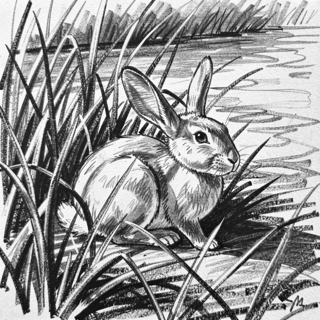 A rabbit in tall grass basking in the warm sun on a riverbank.