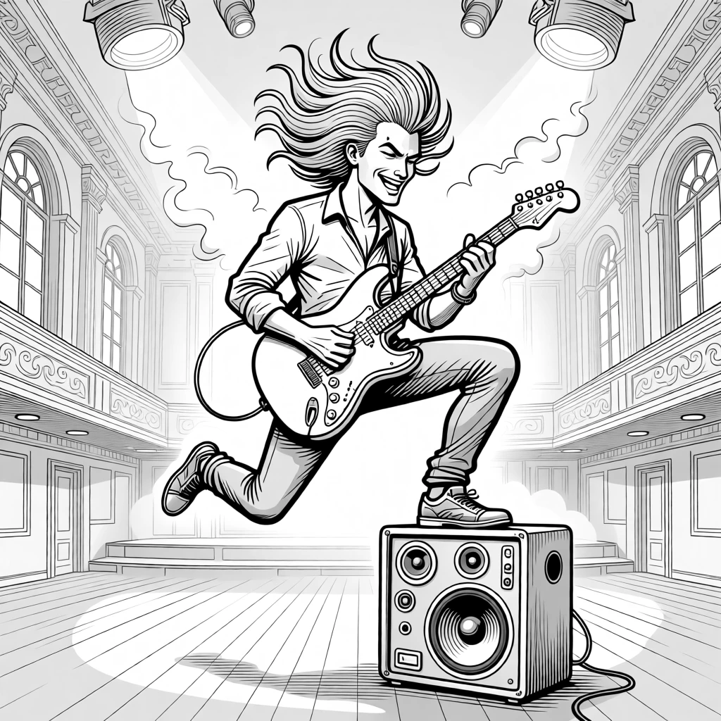 A rock guitarist mid-jump with hair flying wild, leaping off a monitor speaker mid-riff, set in an elegant recital hall. Smoke curls lazily around the stage lights. The scene bursts with raw, electric passion for music.