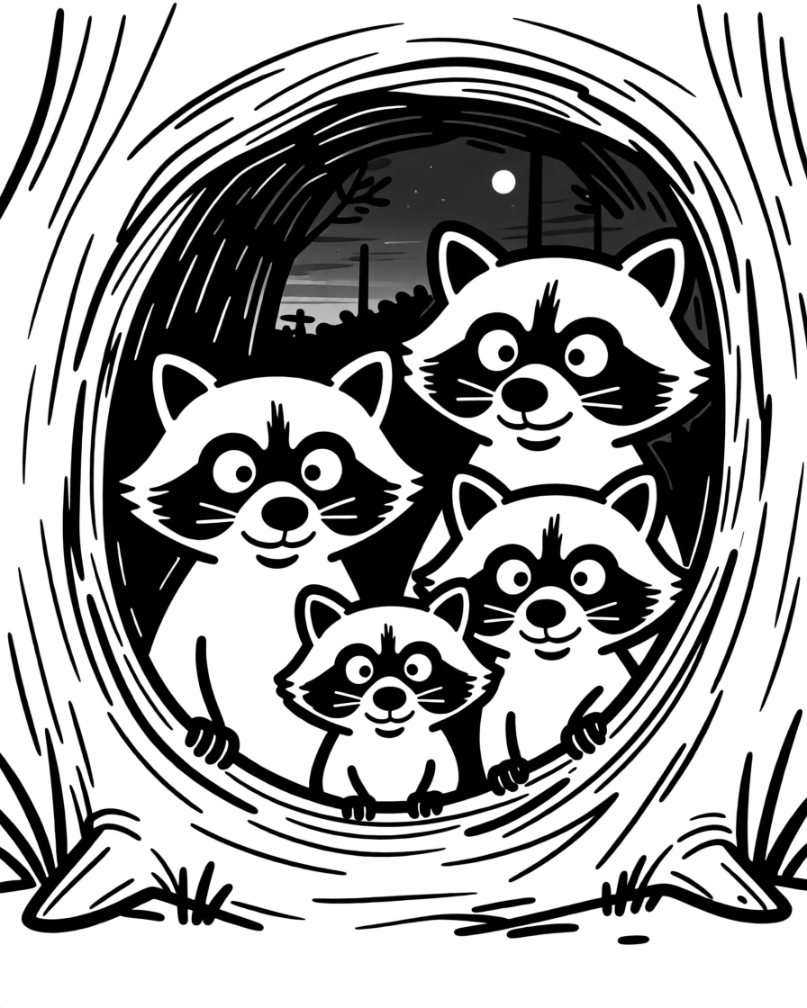 A family of raccoons peeking curiously out of a hollow log at twilight.