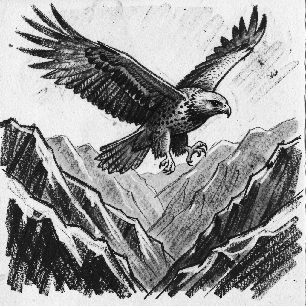 A hawk in flight soaring high above a mountain valley.