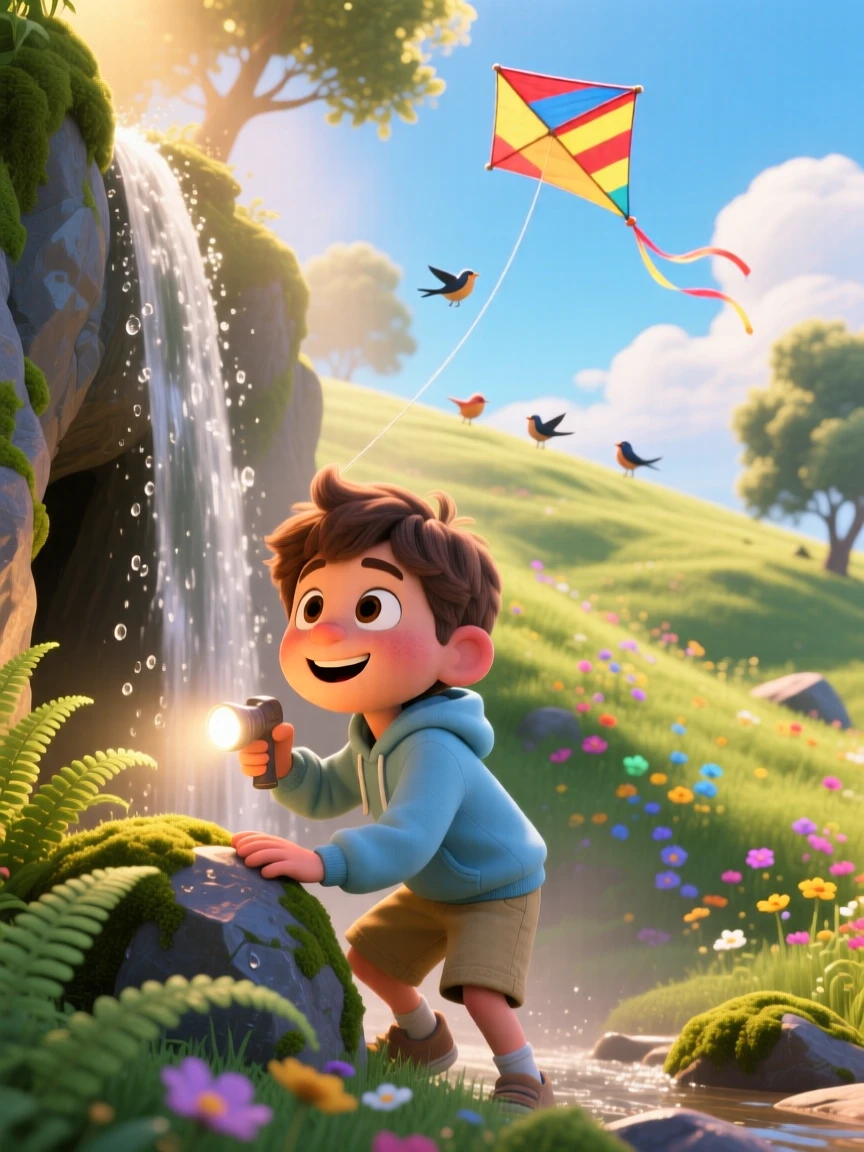 A boy discovering a secret hideout behind a waterfall takes place on a grassy hill perfect for kite flying, with a flashlight casting playful shadows. A lighthearted sense of discovery colors the moment.