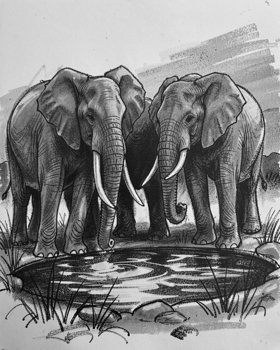 A family of elephants gathered around a watering hole at dusk.