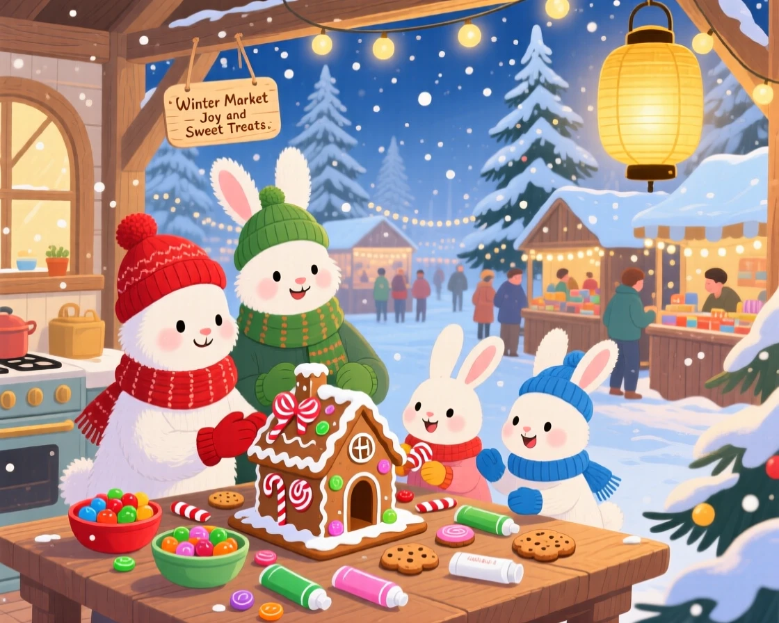 A family of snow rabbits gather in a sparkling winter market, decorating gingerbread houses at the kitchen table, as golden lanterns glow warmly.