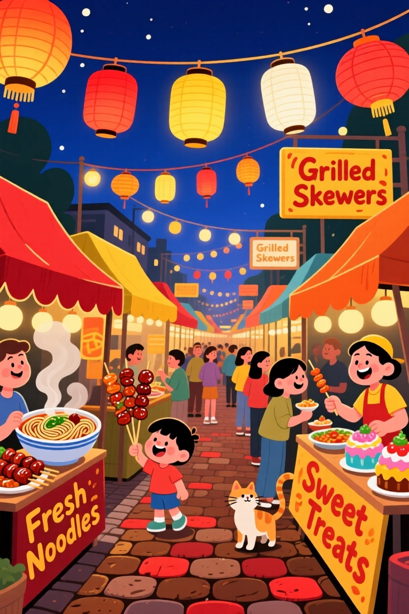 A night market glowing with strings of lanterns and food stalls.
