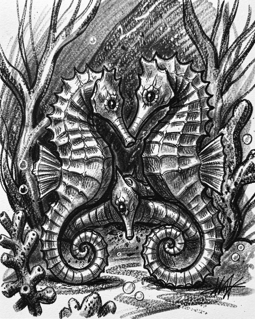 A seahorse gathered together as a family in their natural habitat.