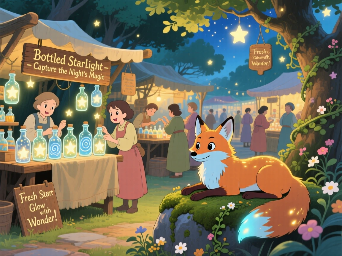 A market where merchants sell bottled starlight, where a fox with softly glowing fur can be seen nearby, the atmosphere whimsical and joyful.