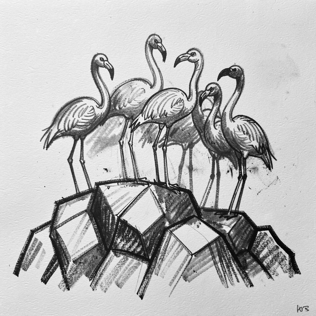 A flock of flamingos standing alert atop a rocky outcrop.