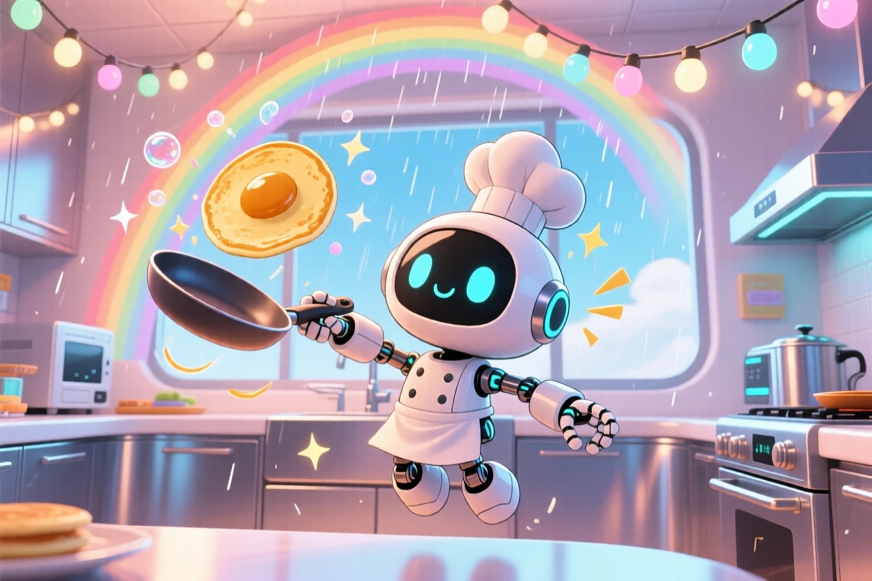A small robot chef flipping a pancake with mechanical arms in a sleek futuristic kitchen under a rainbow after the rain; glowing string lights washes over the scene as bubbly enthusiasm fills the moment. Low-angle shot looking up.