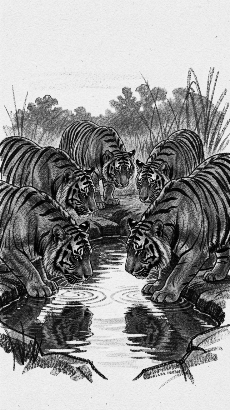 A tiger gathered around a watering hole at dusk.
